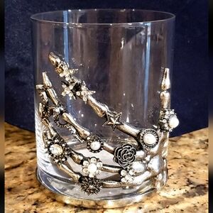 2 Halloween Gothic Witch Gypsy Skeleton Hand Jeweled Bling Wine Cocktail Glasses